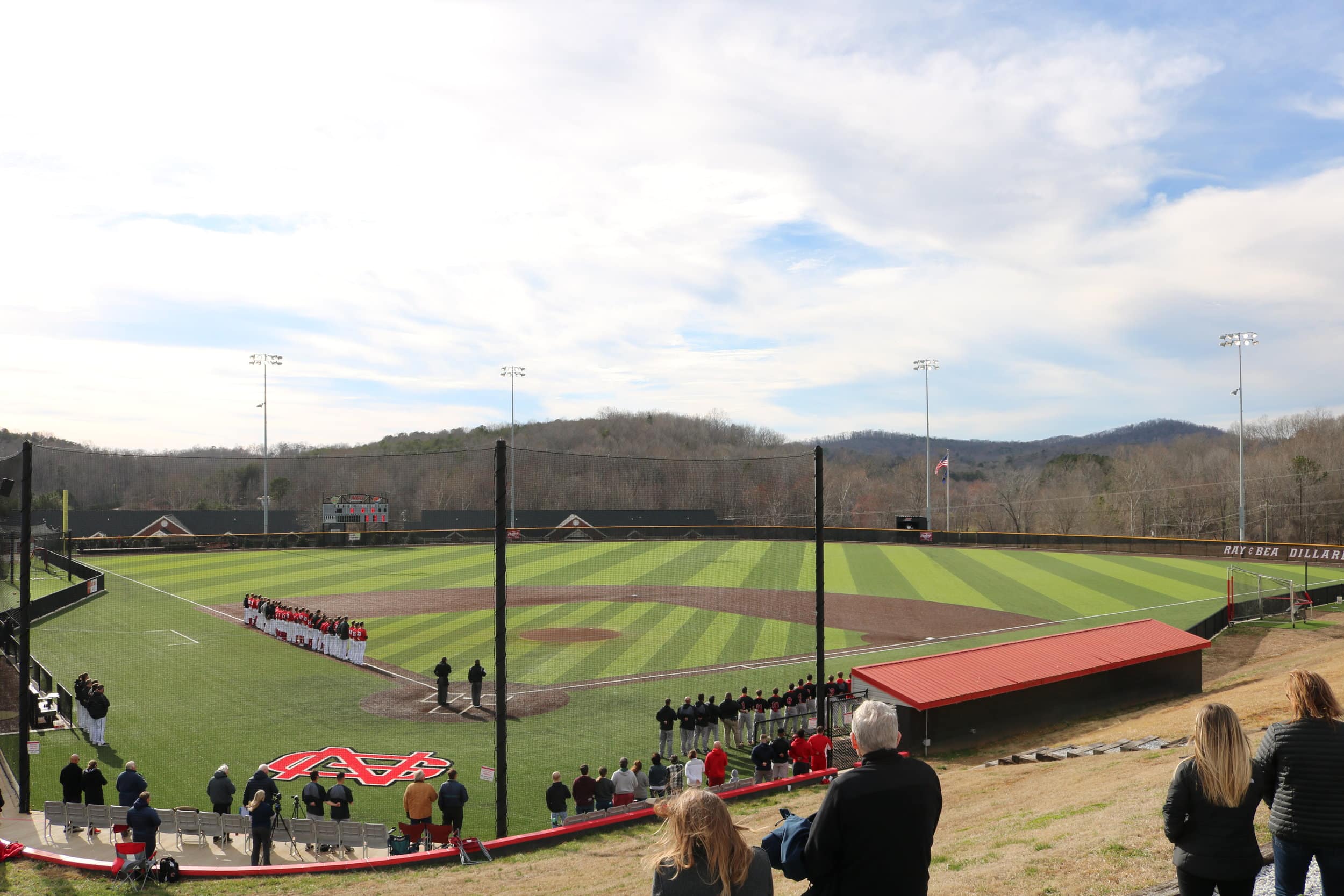North Greenville Crusaders and the Newberry Wolves line up for the National Anthem on Fri., Feb. 8.