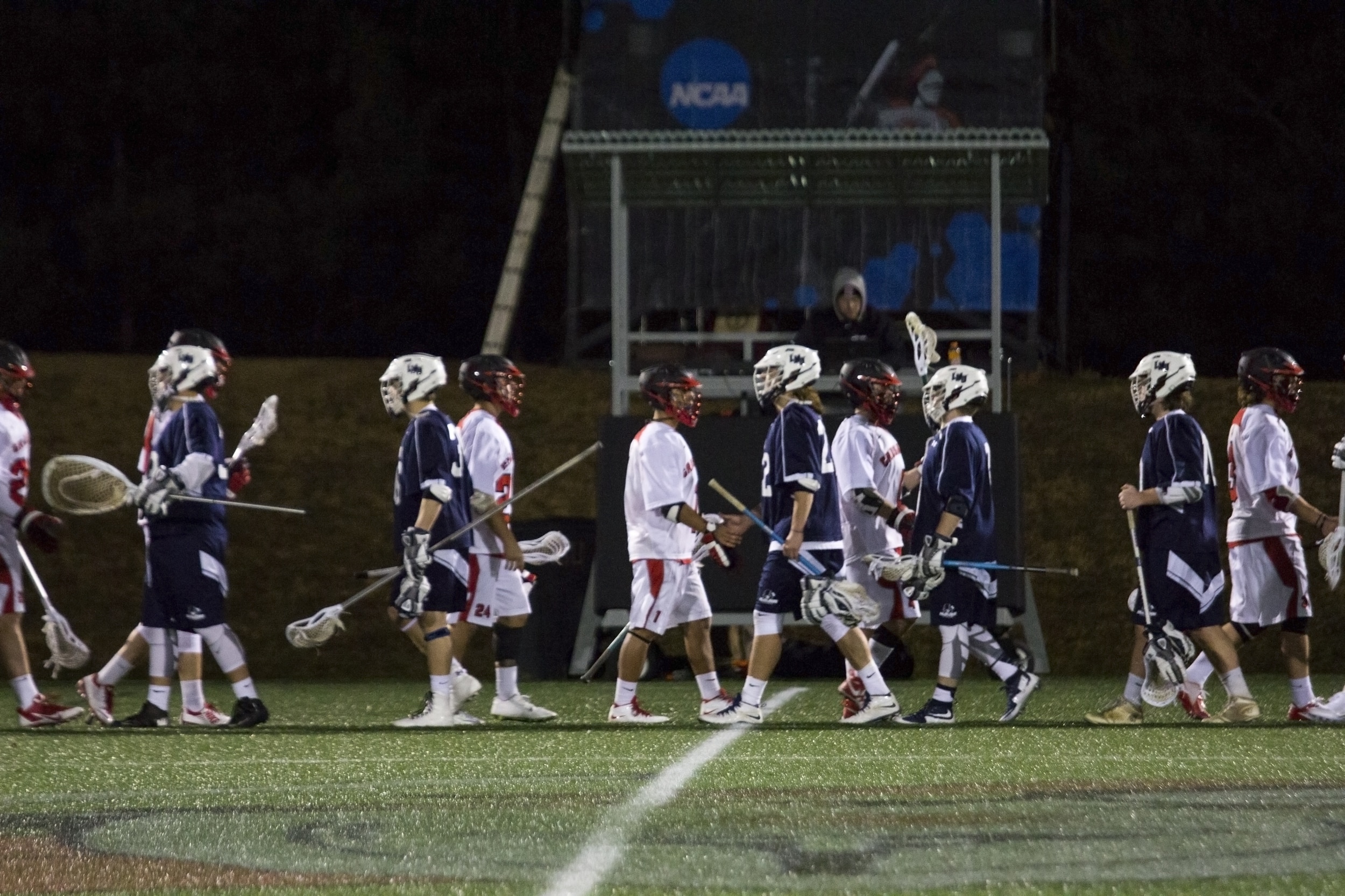  After a hard fought game NGU Men's lacrosse shake hands with Lincoln Memorial University for a 12-7 loss.&nbsp; 