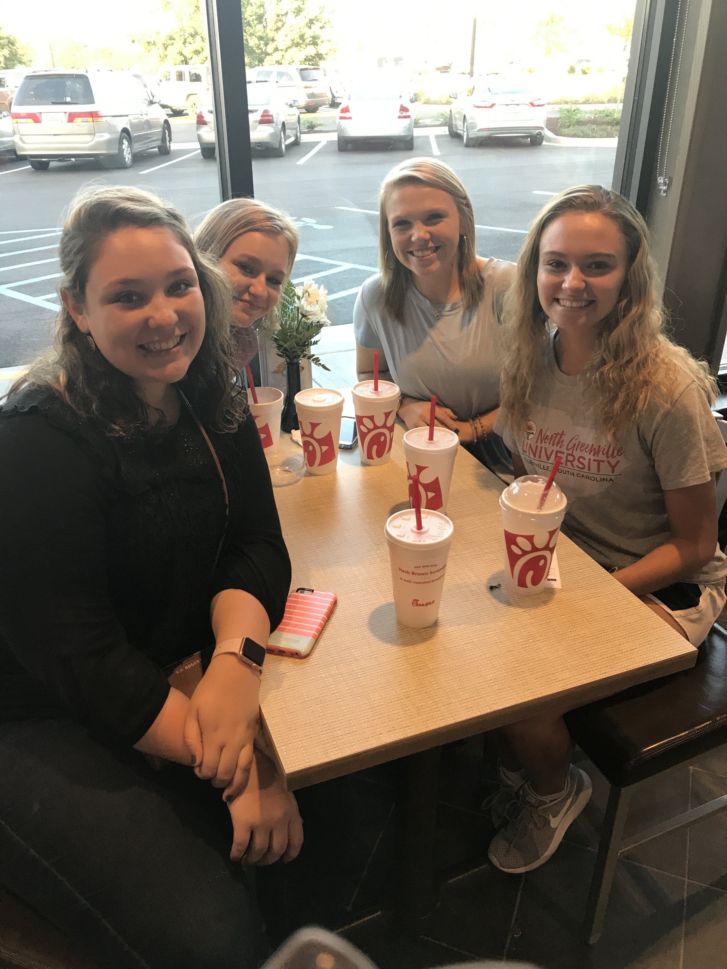 Hannah Chapman (freshman), Kelsey Truouck (freshman), Mary Collins (freshman) and Amy Dover (freshman) enjoying Chick-fil-A's grand opening in Travelers Rest, S.C.