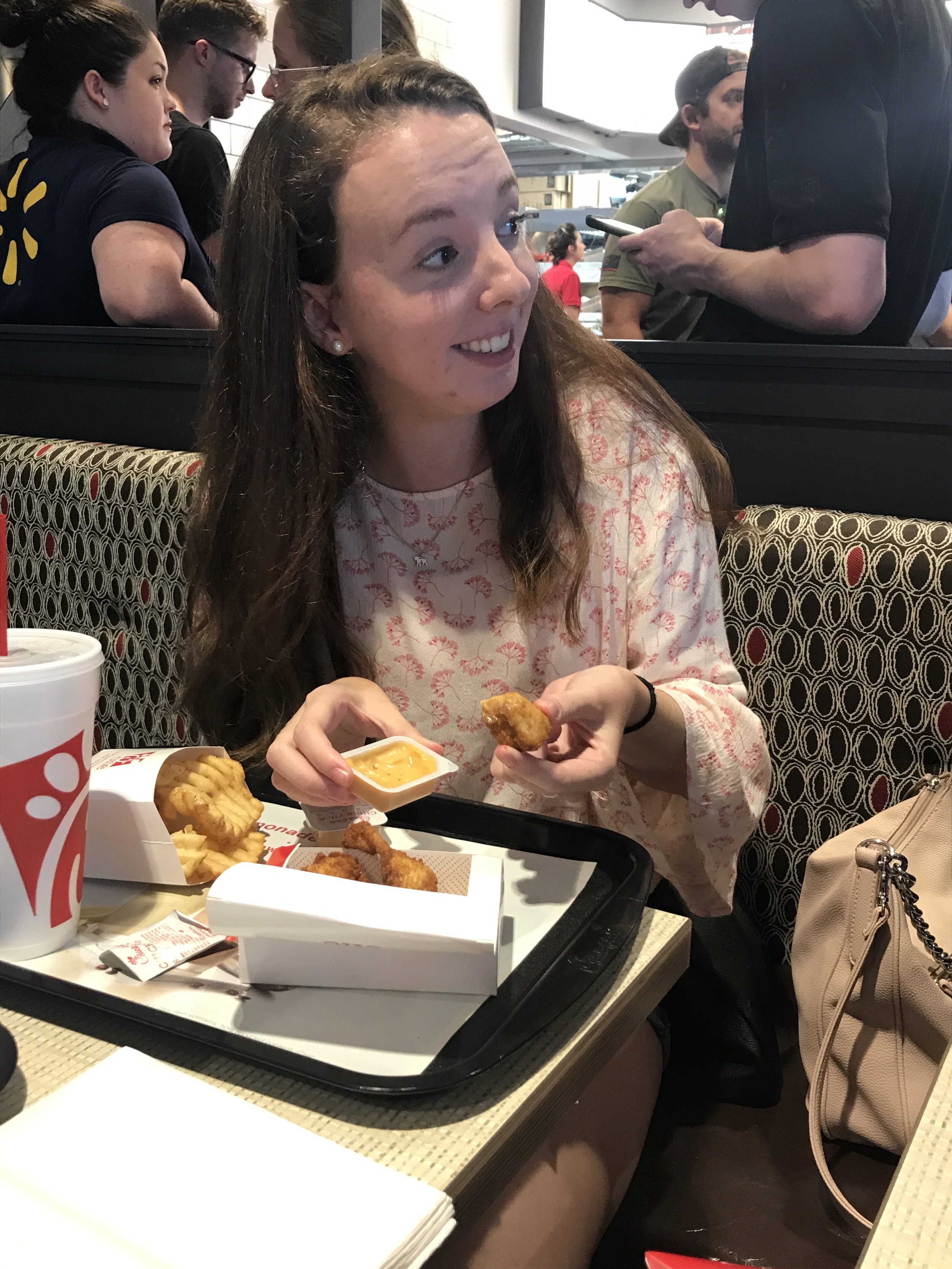 Ashlynn Cartrette (freshman) eating Chick-fil-A's famous chicken nuggets.