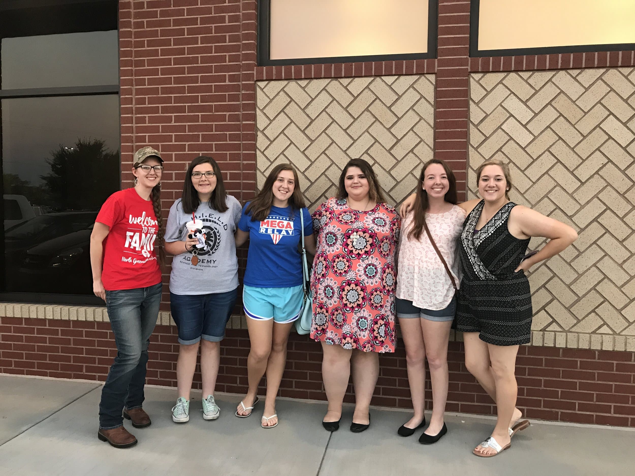 Maggie Smith (freshman), Hannah Roddy (freshman), Amanda Strahl (freshman), Rebecca Holmes (freshman), Ashlynn Cartrette (freshman)&nbsp;and Nicole Pollard (freshman) pose after a successful trip to Chick-fil-A.