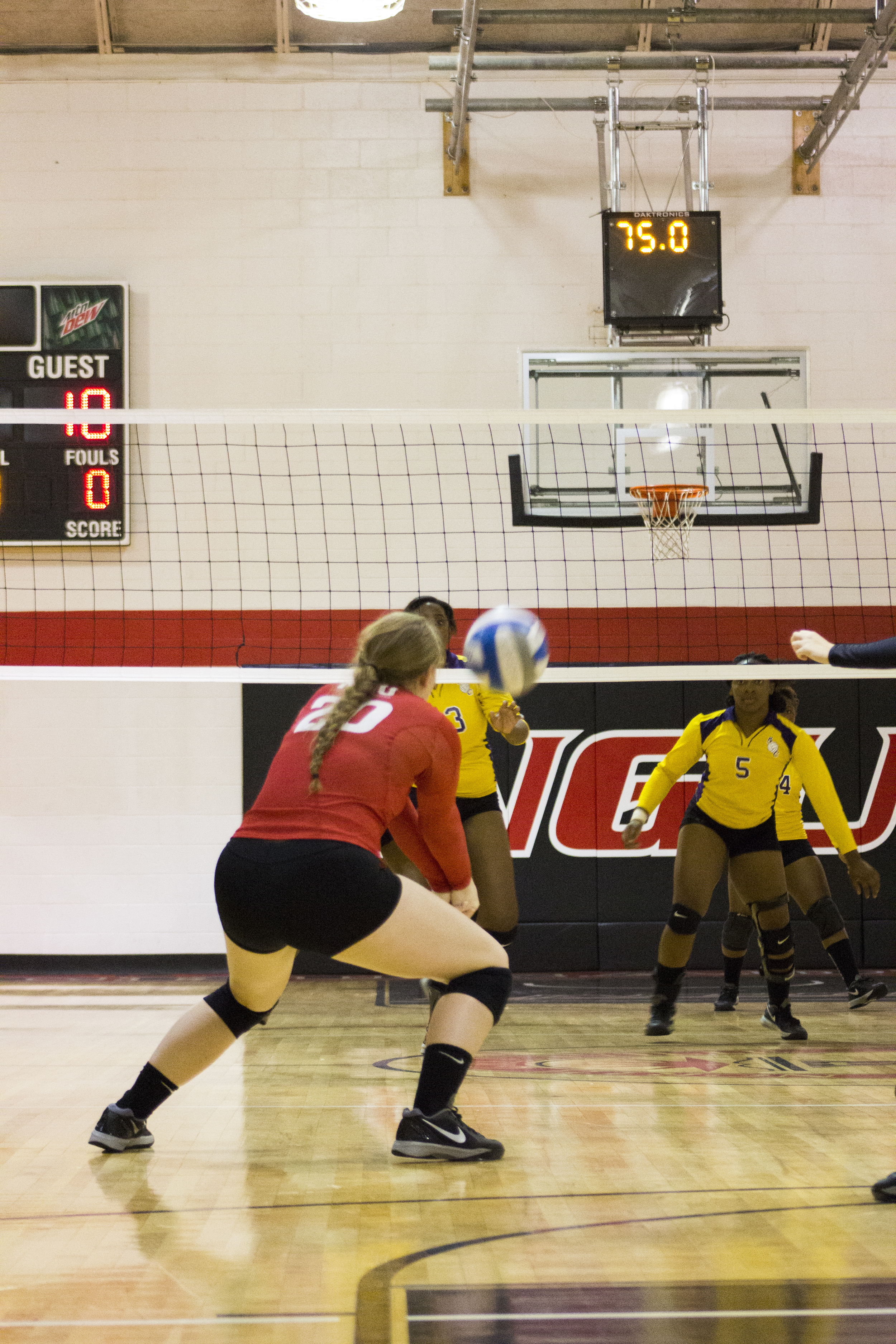  Junior Hannah Lewis goes for a dig on the backside of the court.&nbsp; 