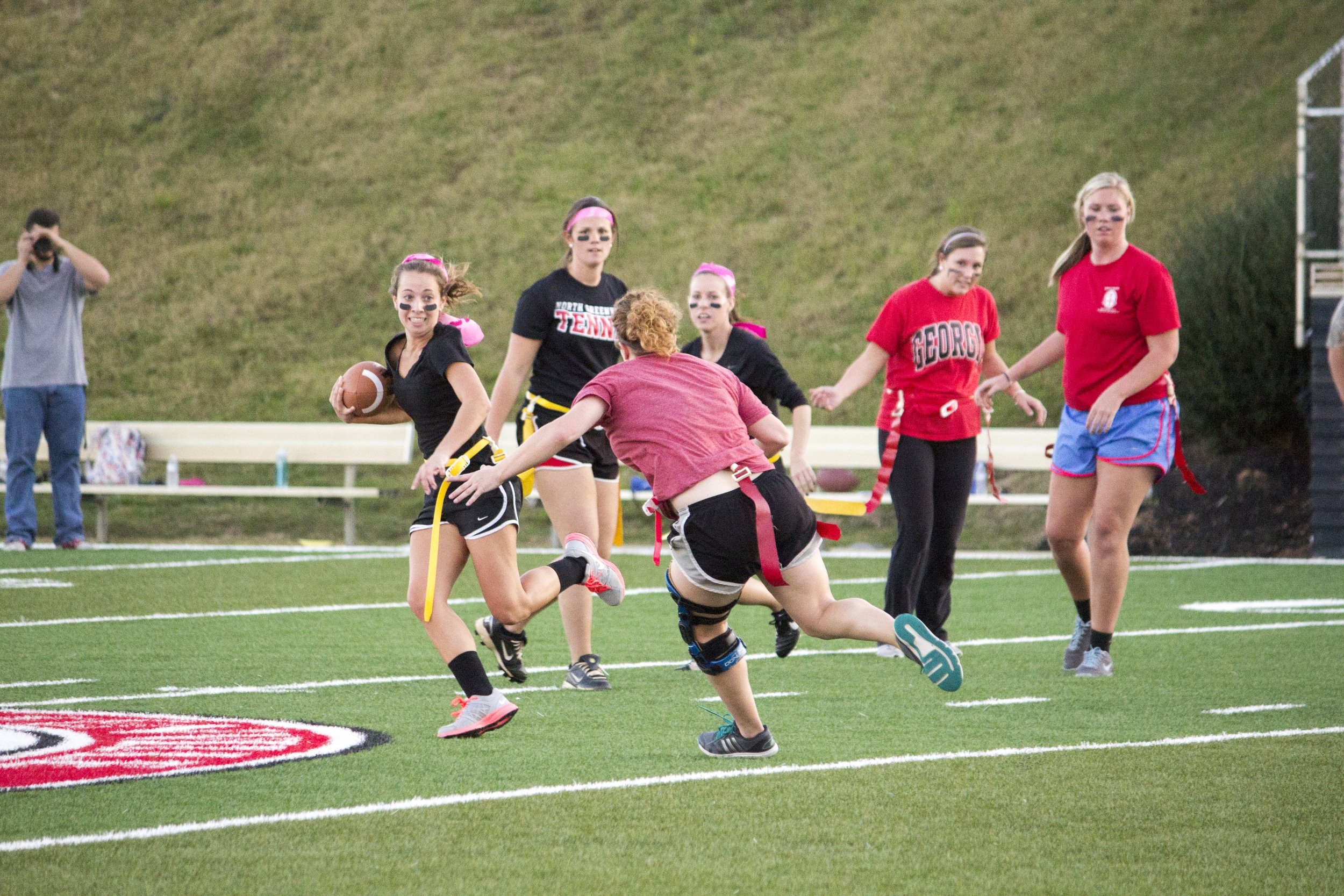  Senior Heather Dabbs anticipates Kacey Beck's running play.&nbsp; 