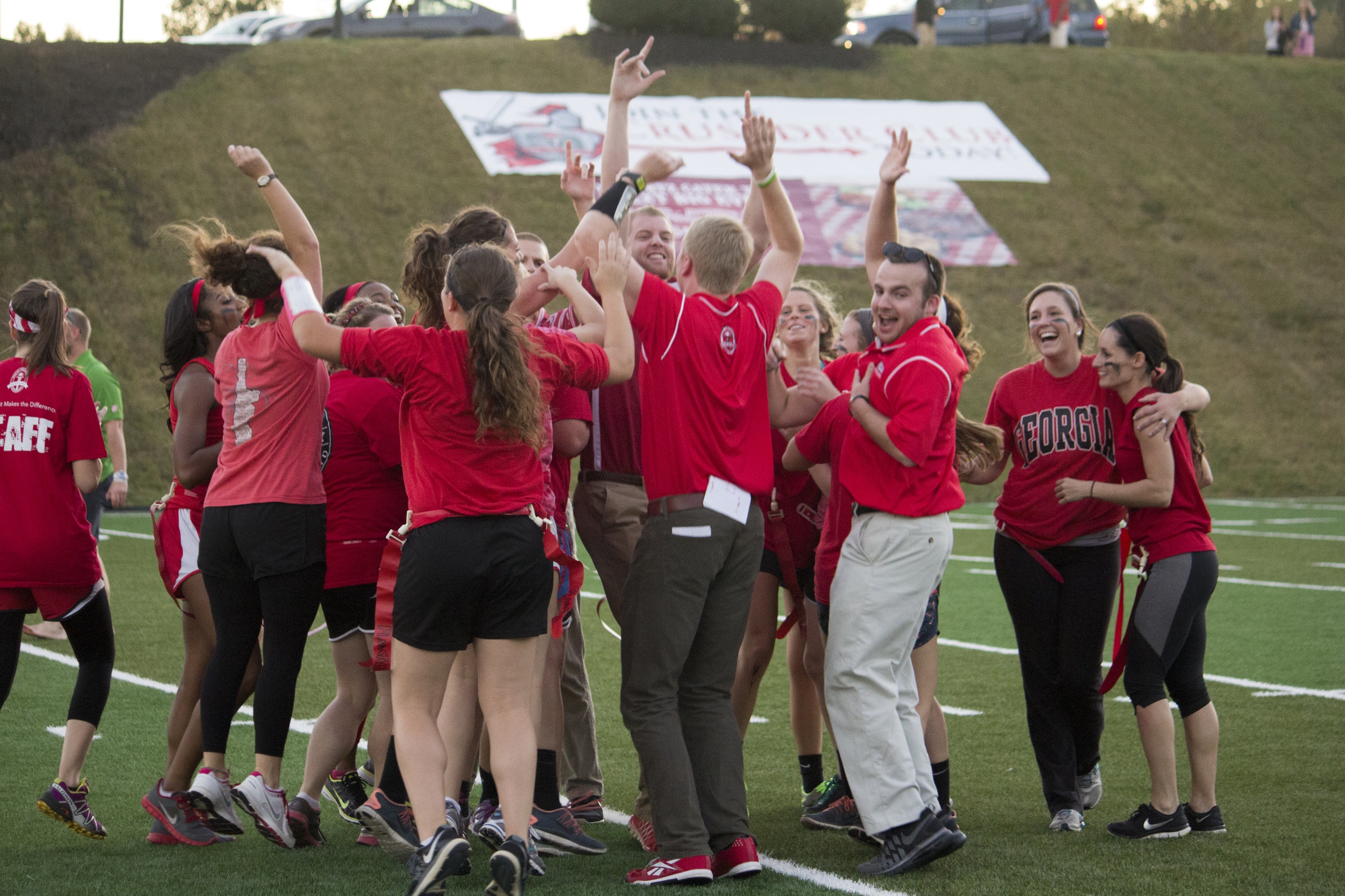  The senior team shares one of their last bonding moments before they graduate celebrating their win over the junior team.&nbsp; 