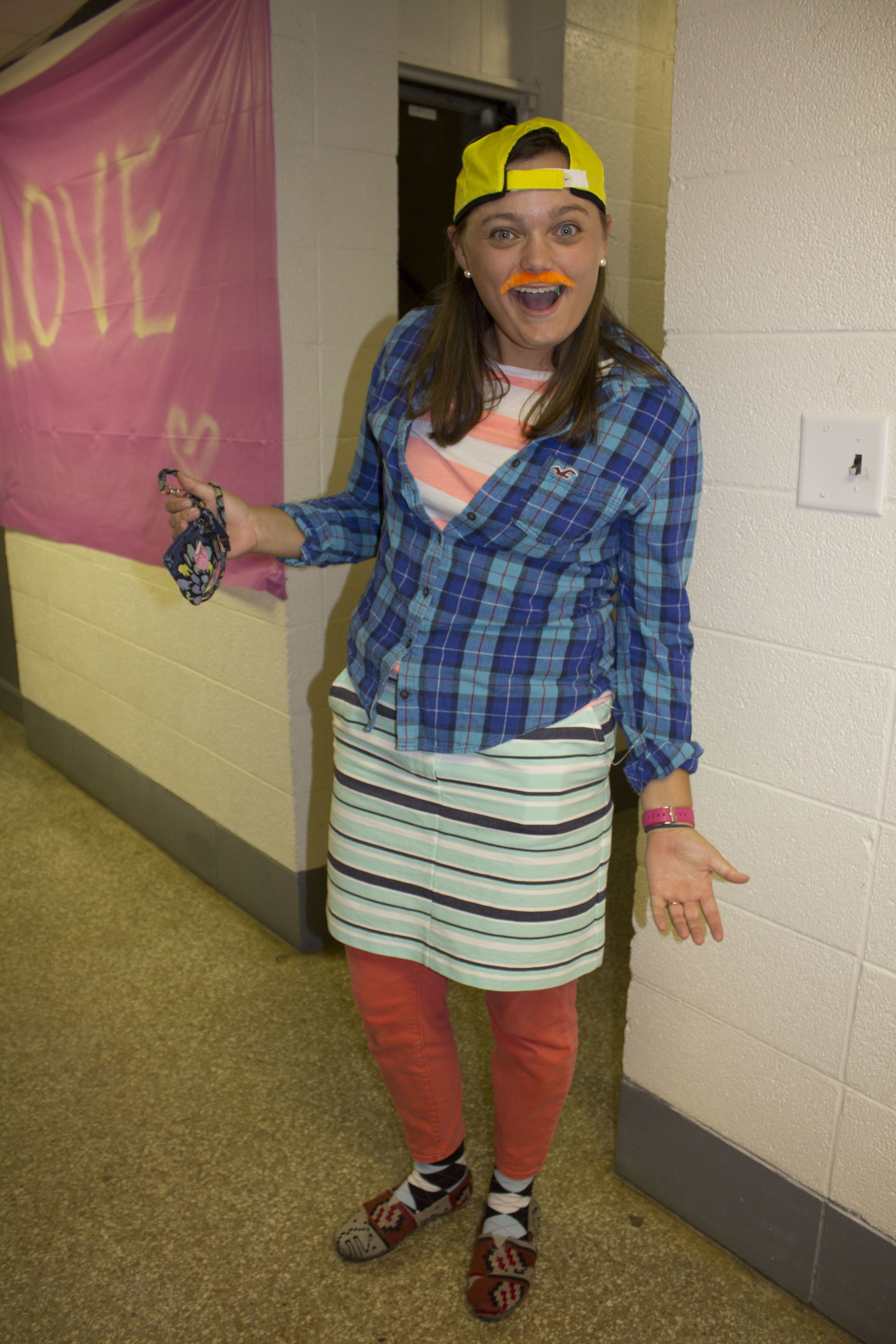  Sophomore Anne Hayden Huxford strikes a silly pose in her wacky Halloween costume.&nbsp; 