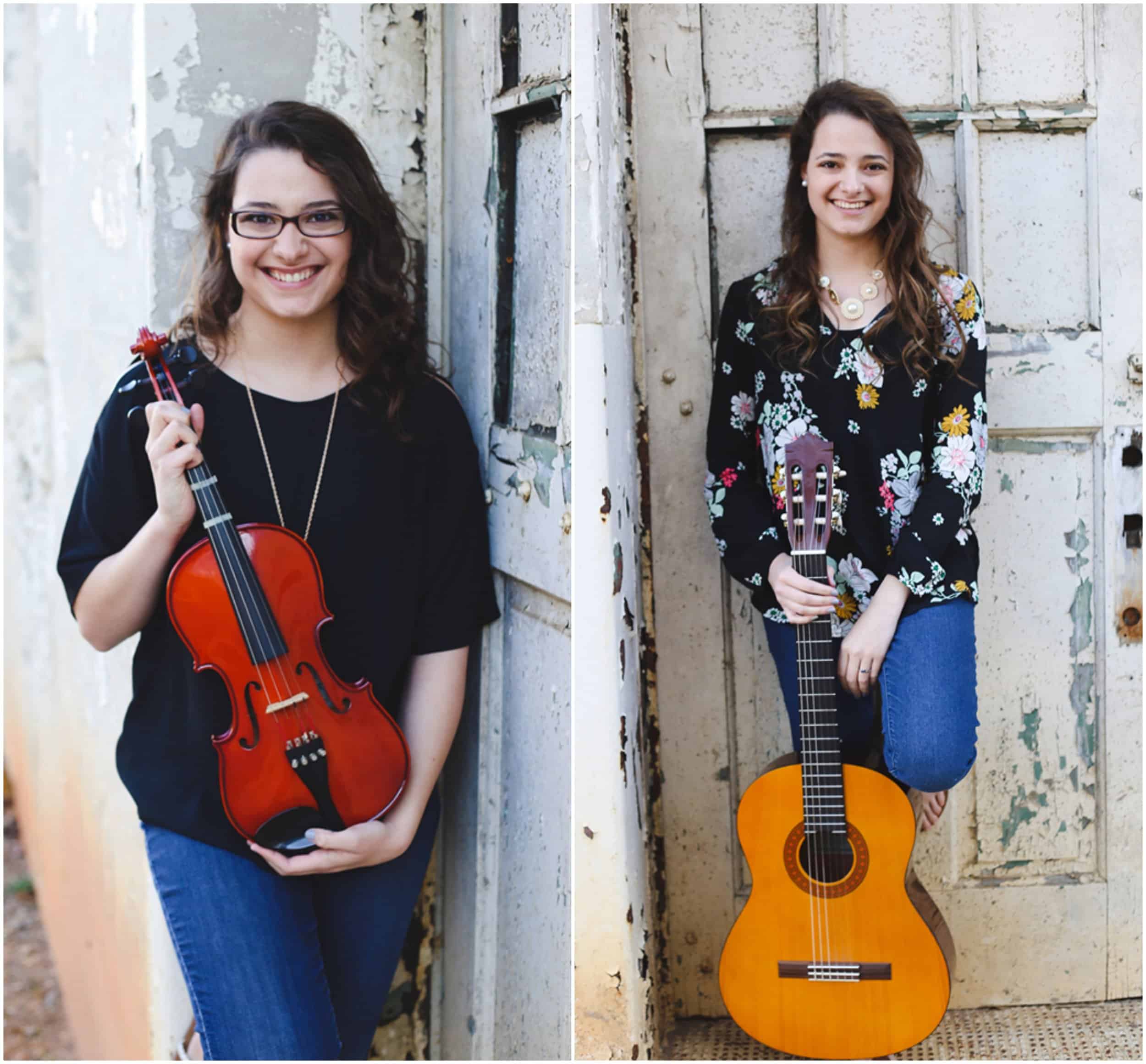 Left: Rachel with her violin; Right: Nicole with her guitar
