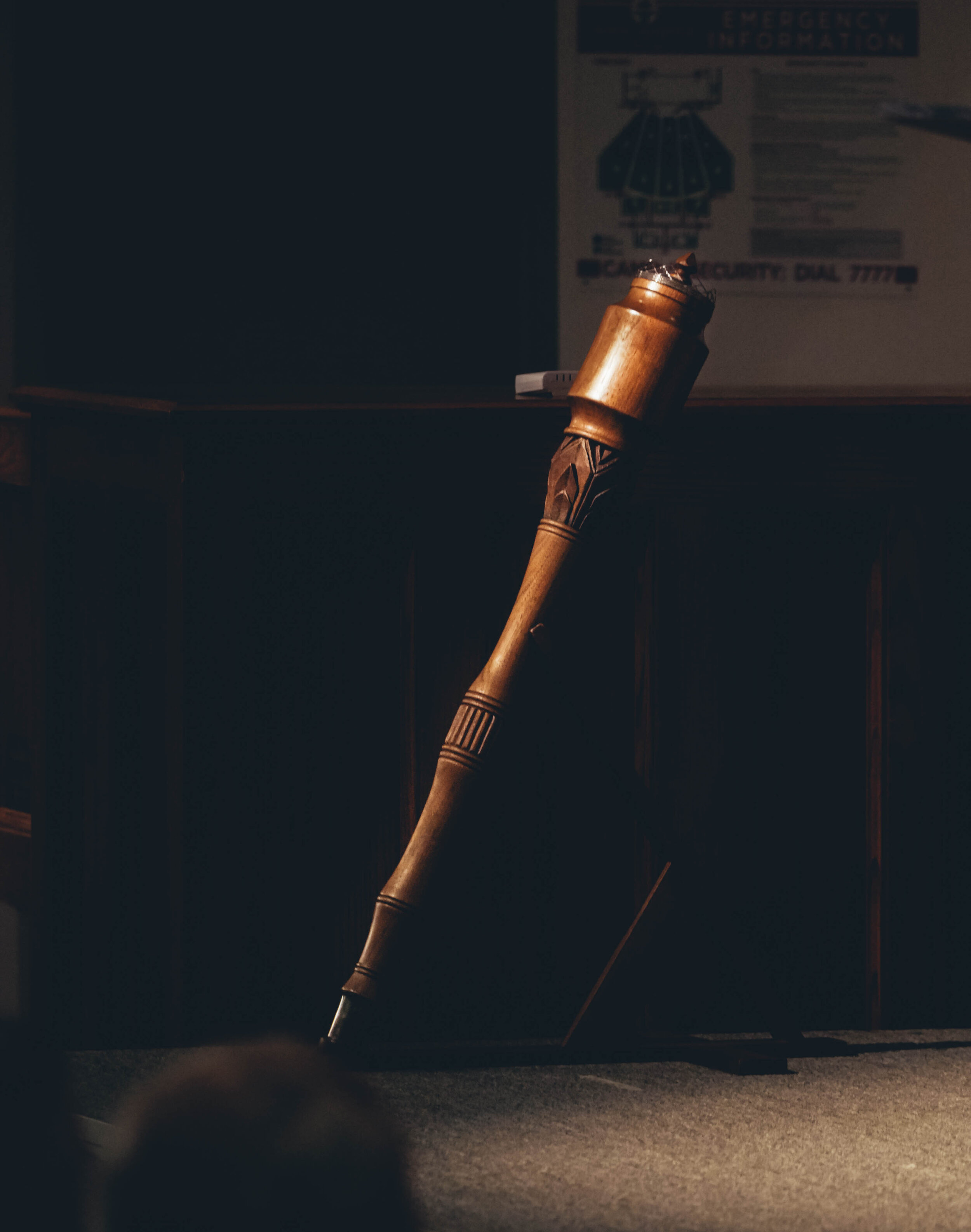 The scepter carried by Bill Cashion sits in its place on stage.