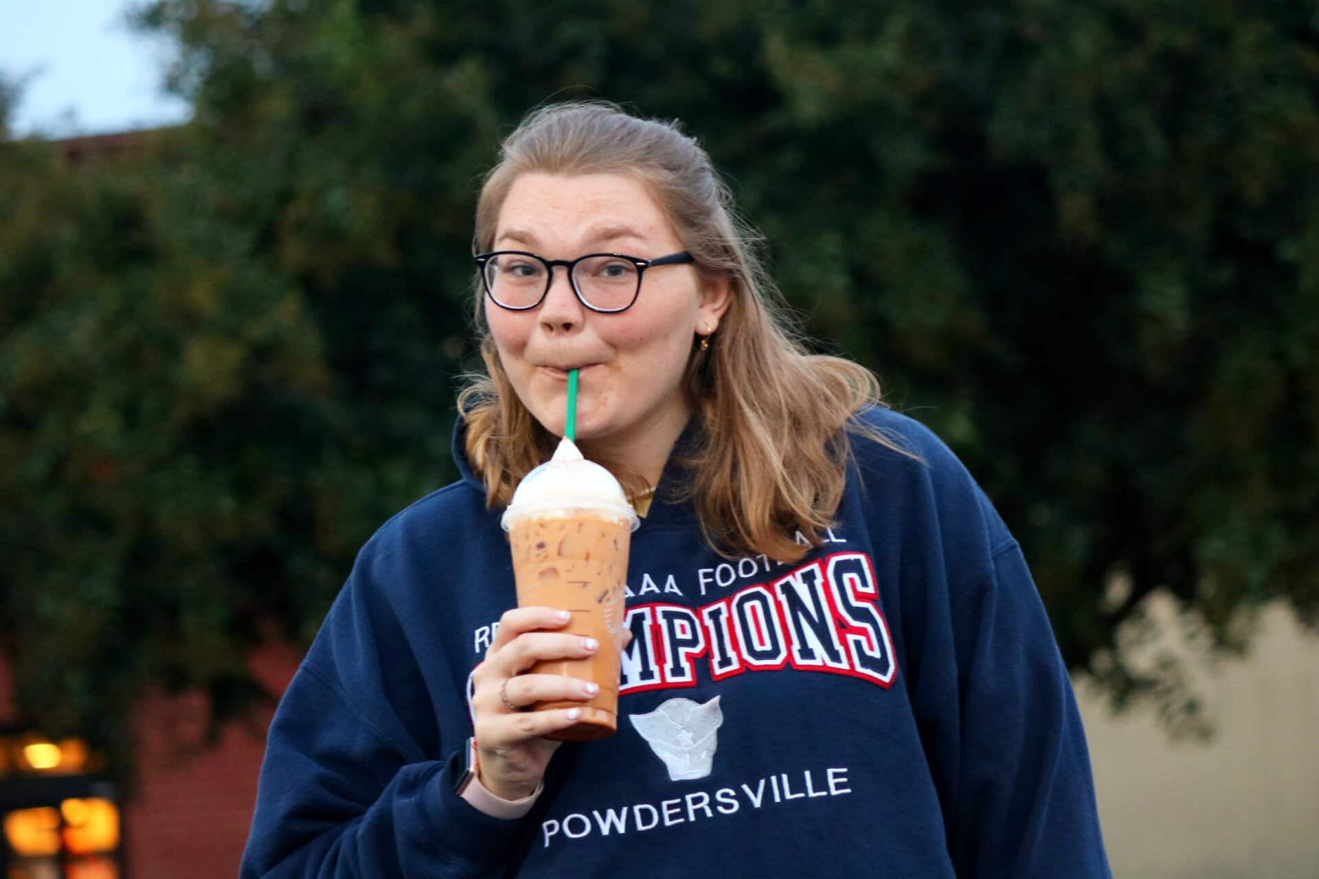 Caroline Whilden, sophomore secondary music major, enjoys her favorite drink in the entire world: a pumpkin spice latte from Starbucks.