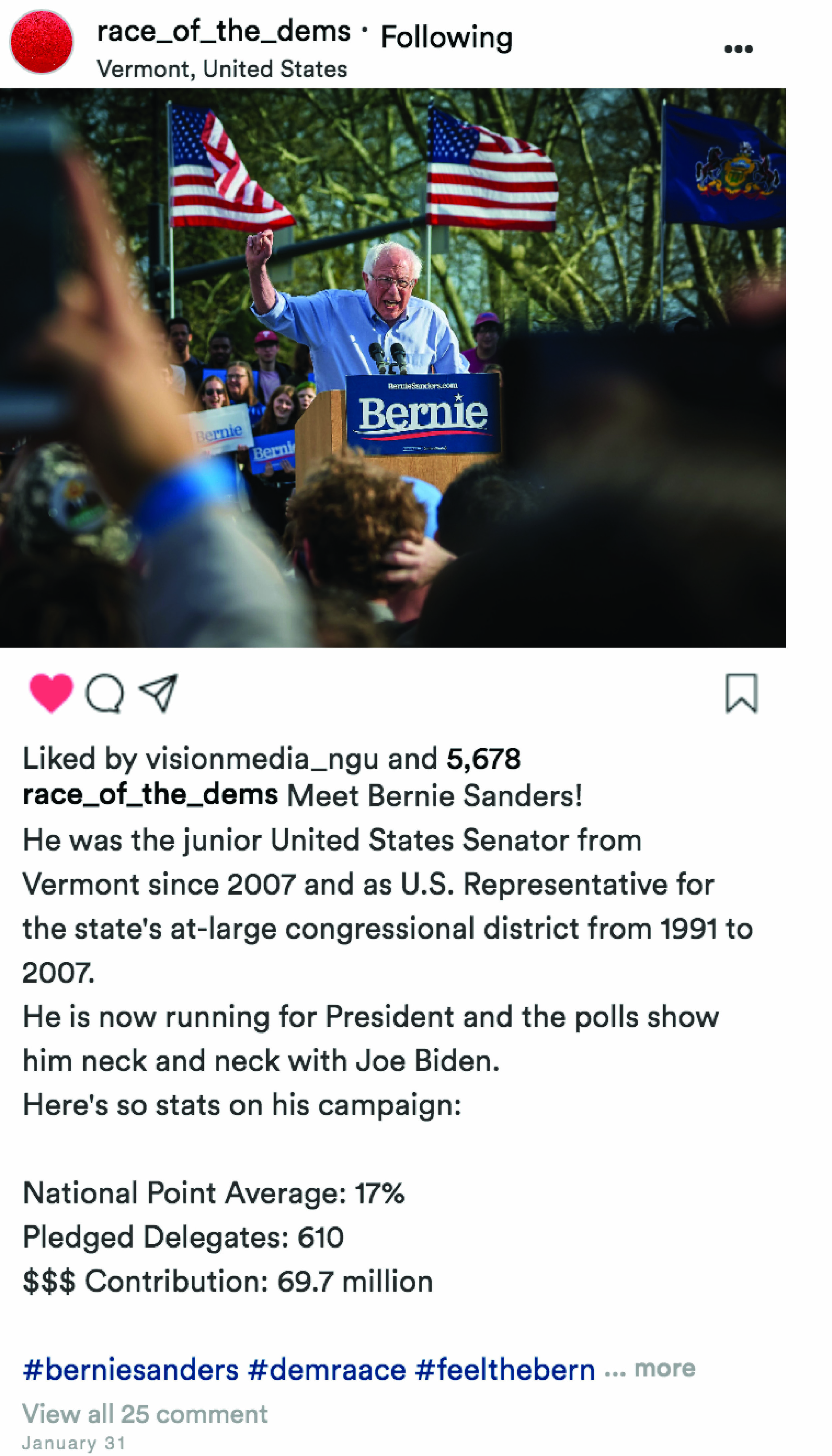 Mock Instagram post about Bernie Sanders.Photo courtesy of Unsplash