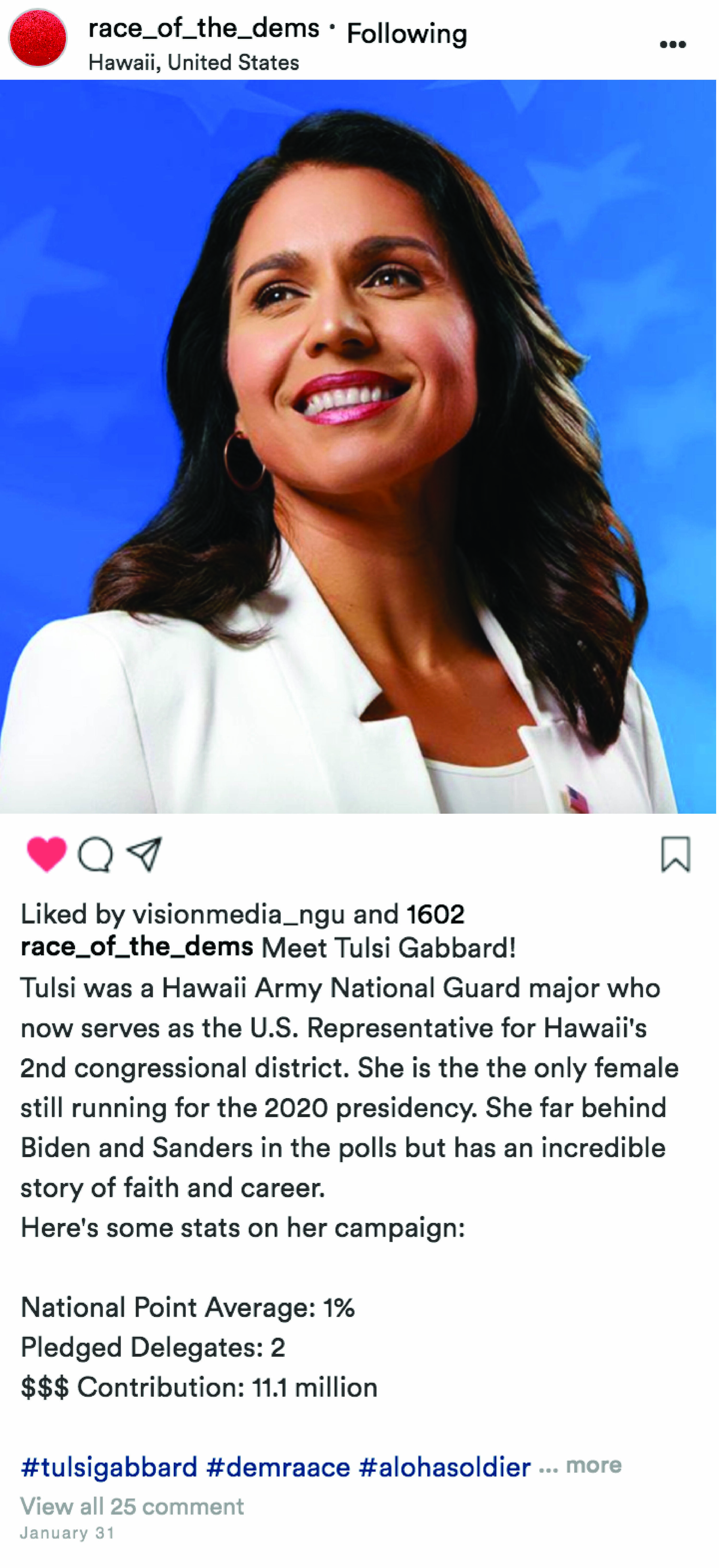 Mock Instagram post about Tulsi Gabbard.Photo courtesy of Tusli Gabbard campaign siteHere are the final three candidates left in the Democratic race. Check out these mock Instagram posts to learn more information about each one.