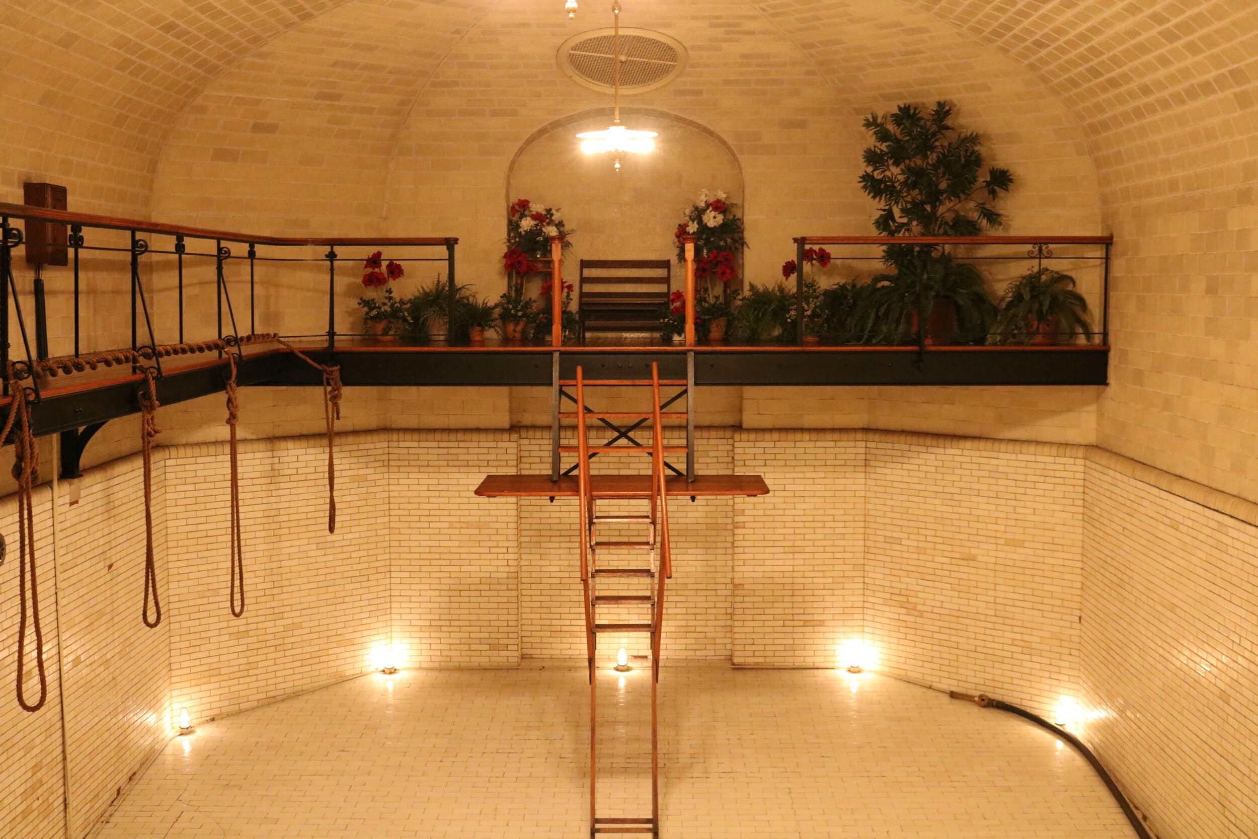 The 70,000 gallon, heated, indoor swimming pool. The pool still has all of the original lighting from the inside of the pool.