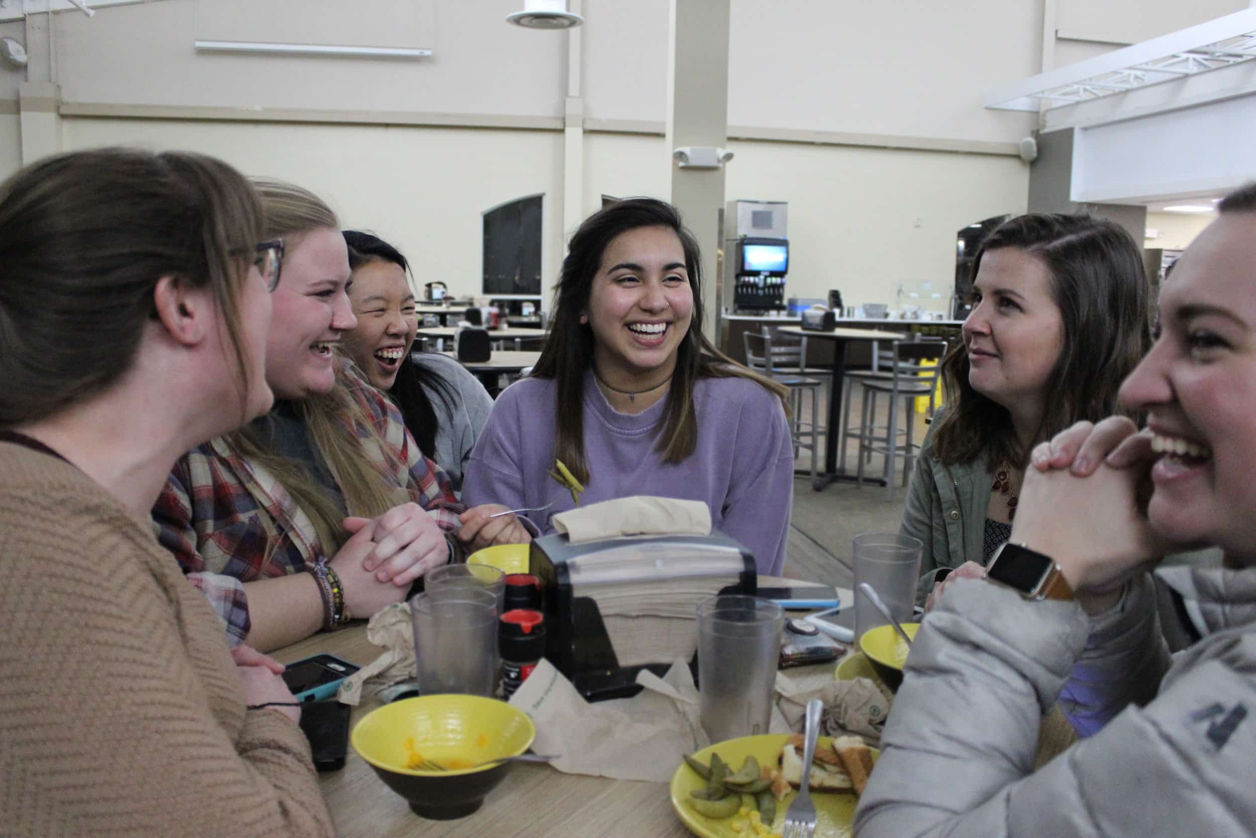 Victoria Spears, Sandi Gainey, Ashley Valencia, Kaitlyn Robinson, Dori Kelly and Bree Joplin laugh over some very corny jokes. (ei. What do you call a fake noodle? An impasta….)&nbsp;