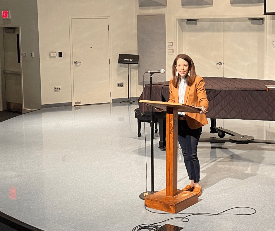 Kayla Black speaks during the Tuesday night service for Christian Worldview week. Photo courtesy of the North Greenville University Chapel  Facebook page.