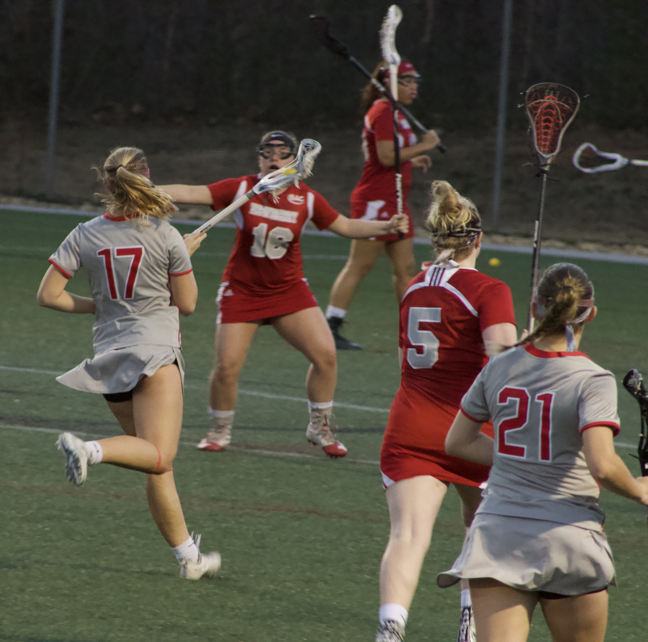 As the game began, NGU was quick to take over possessions. Here is #17 Jillian Chiesa taking over the feild and racing to score.&nbsp;
