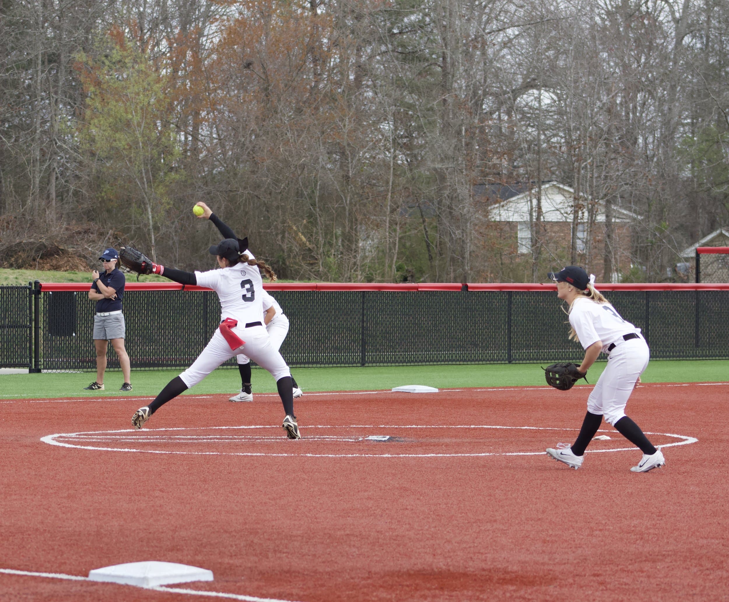 Crusader pitcher Amanda Coffin as she repeatedly strikes out Piedmont International.