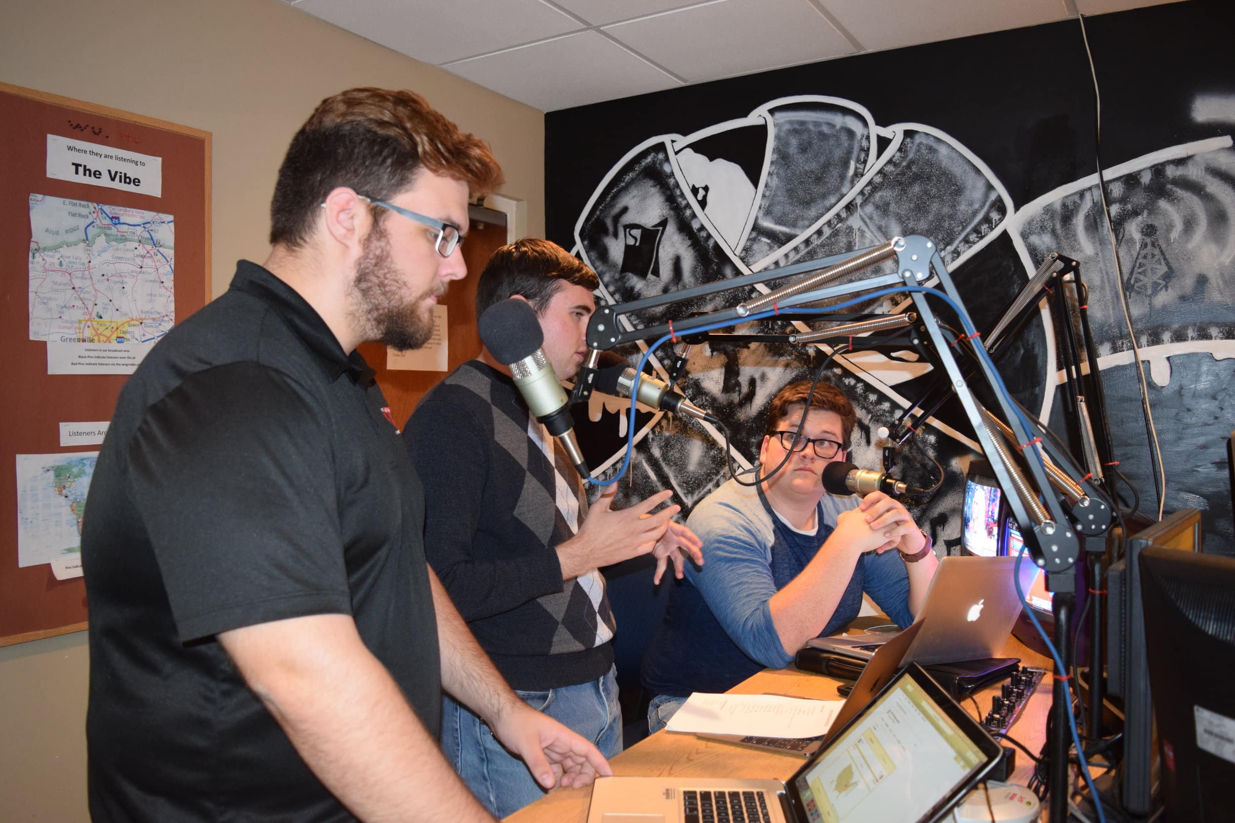 (Left to right) Devin Kilgore, John Peardon and Patrick Brown broadcast the election via radio on WNGR 95.5 The Vibe.