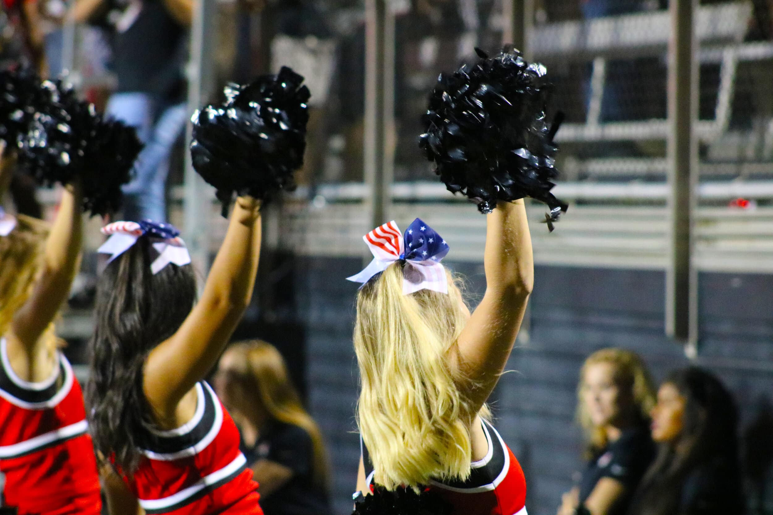 The NGU Cheerleaders cheer on the football team along side the band. They wore American flag bows to support the military during military appreciation night at the game.